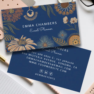 Boho Floral Event Planner Navy Blue Business Card