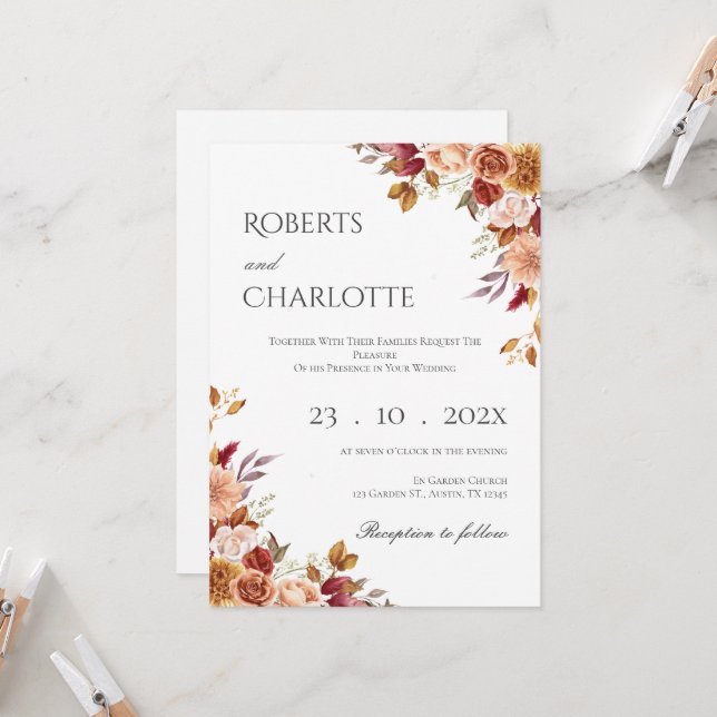 Boho Floral Faire-part de mariage (Devant/Arrière en situation)