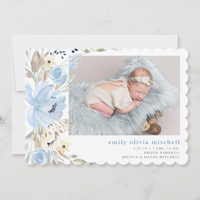 Boho Floral | Faire-part de naissance photo bleu (Devant)