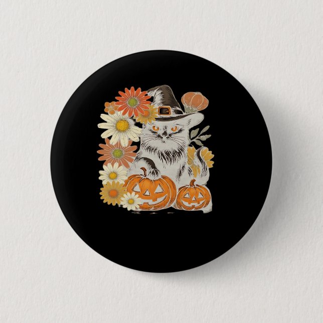 Boho Floral Fall Black Cat Halloween Essential T-S 2 Inch Round Button (Front)