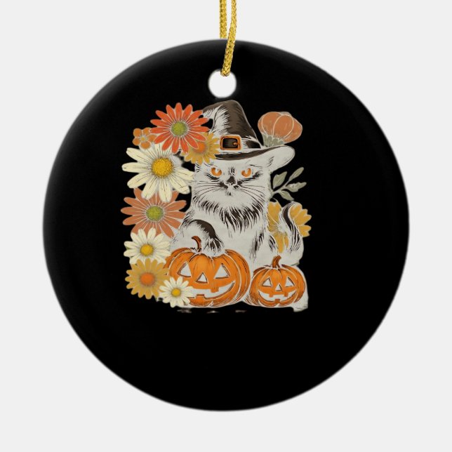 Boho Floral Fall Black Cat Halloween Essential T-S Ceramic Ornament (Front)