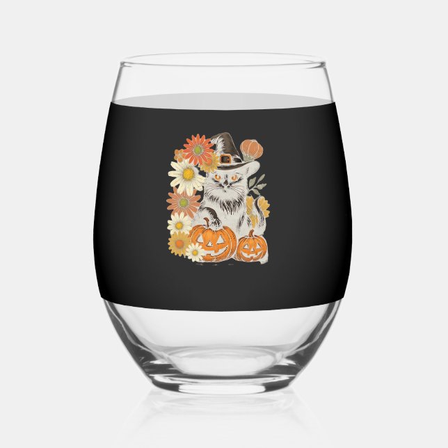 Boho Floral Fall Black Cat Halloween Essential T-S Stemless Wine Glass (Front)