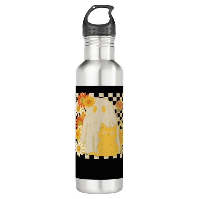 Boho Floral Fall Ghost and Black Cat Halloween Fal 710 Ml Water Bottle (Front)