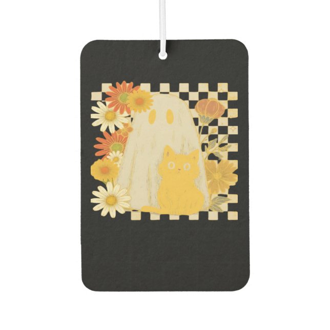Boho Floral Fall Ghost and Black Cat Halloween Fal Air Freshener (Front)