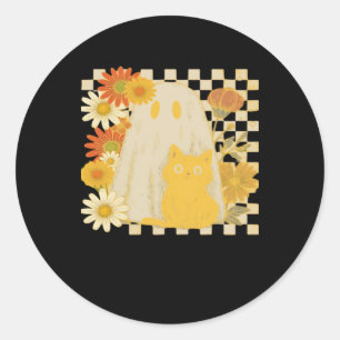 Boho Floral Fall Ghost and Black Cat Halloween Fal Classic Round Sticker