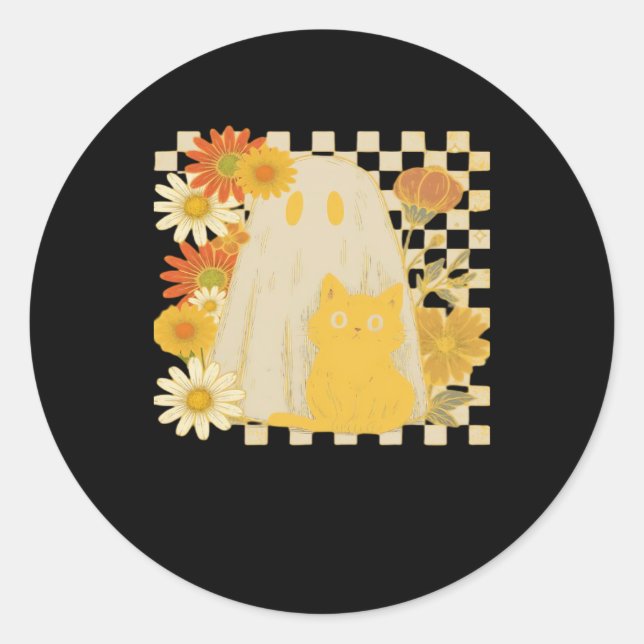 Boho Floral Fall Ghost and Black Cat Halloween Fal Classic Round Sticker (Front)