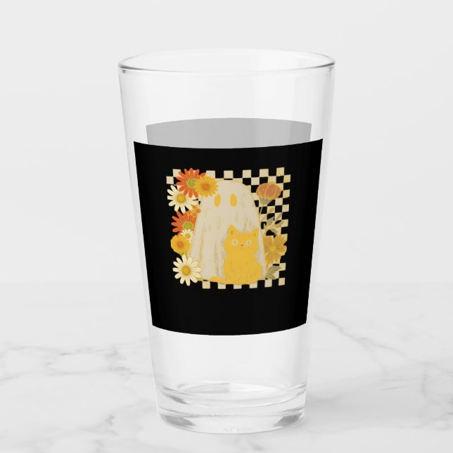 Boho Floral Fall Ghost and Black Cat Halloween Fal Glass (Front)