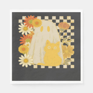 Boho Floral Fall Ghost and Black Cat Halloween Fal Napkin