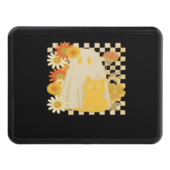 Boho Floral Fall Ghost and Black Cat Halloween Fal Trailer Hitch Cover (Front)