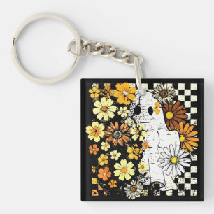 Boho Floral Fall Ghost Thanksgiving Autumn Vibes Keychain