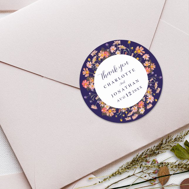 Boho Floral Fall Navy Blue Wedding Thank You Classic Round Sticker (Boho fall rustic wildflower floral navy blue and white wedding thank you custom favor sticker)