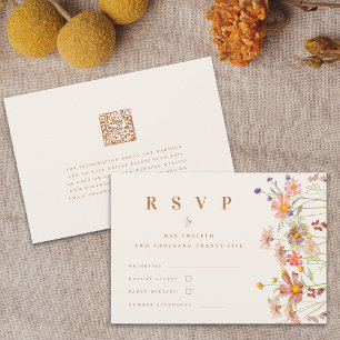 Boho Floral Fall Terracotta Beige Qr Code Wedding RSVP Card