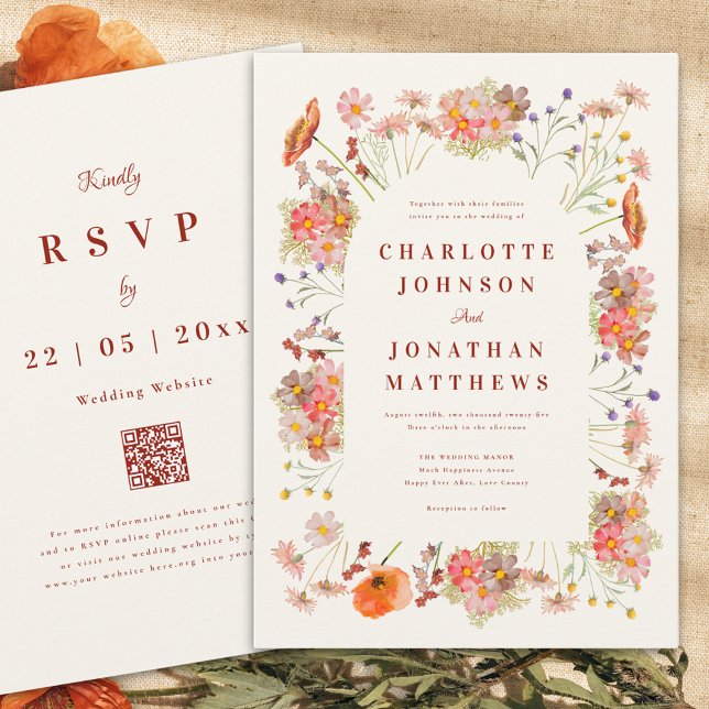 Boho Floral Fall Wedding Invitation (Boho dried flowers rustic fall wedding invitation burnt orange script wedding website qr code)