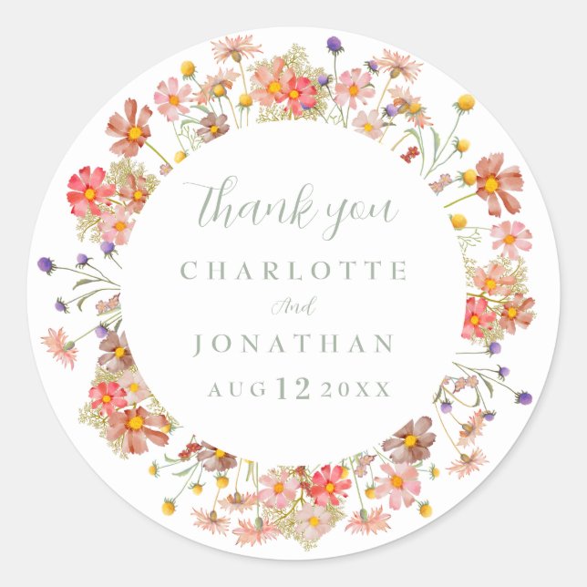 Boho Floral Fall Wedding Thank You  Classic Round Sticker (Front)