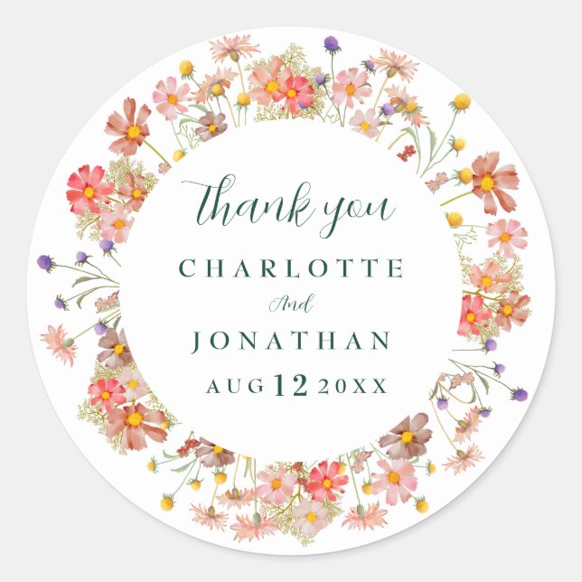 Boho Floral Fall Wedding Thank You  Classic Round Sticker (Front)