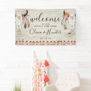 Boho Floral Feather Antler Skull Wedding Welcome Banner