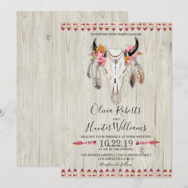 Boho Floral Feather Antlers Cow Skull Wood Wedding Invitation (Front/Back)