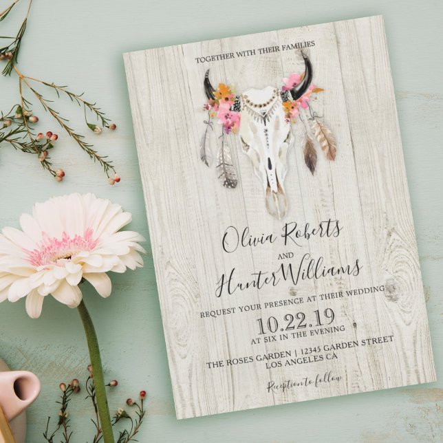 Boho Floral Feather Antlers Skull Wood Wedding Invitation (Creator Uploaded)