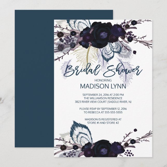 Boho Floral Feather nuptiale Douche Invitation (Devant / Derrière)