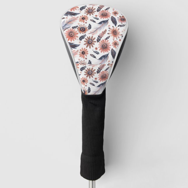 Boho Floral & Feather Pattern Golf Head Cover (Front)