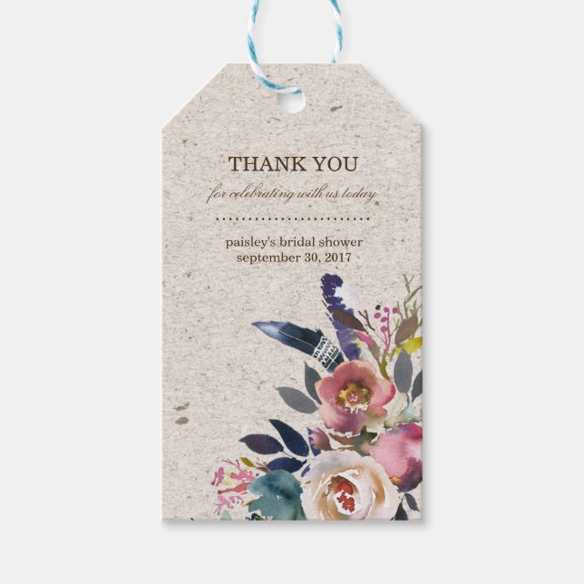 Boho Floral Feather Rustic Shower Favour Tag (Front)
