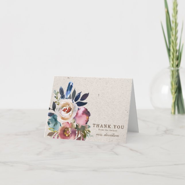 Boho Floral Feather Rustic Shower Thank You Card (Front)