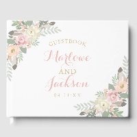 Boho Floral Feather White Wedding Monogram
