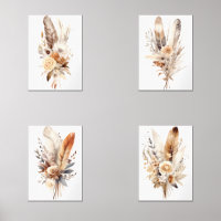 Boho Floral Feathers Beige Brown Grey Wall Art Set
