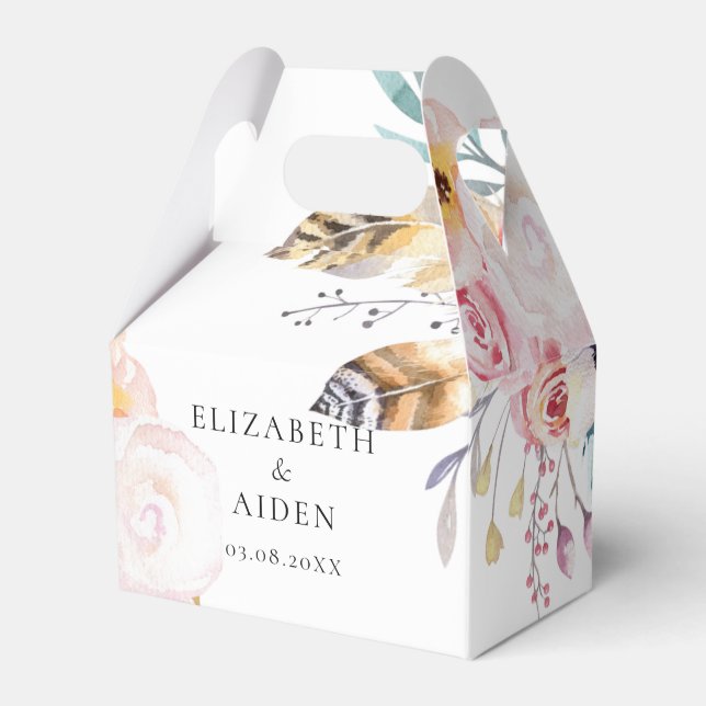 Boho Floral Feathers & Wate Wedding Favor Box (Front Side)