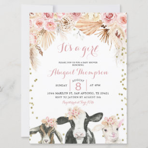 Boho floral ferme fille baby shower invitation