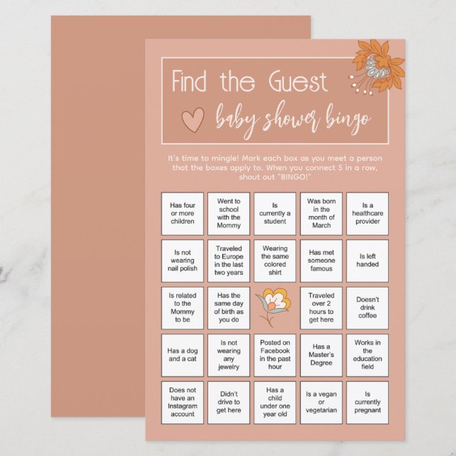 Boho Floral Find the Guest Baby Shower Ice Breaker (Front/Back)