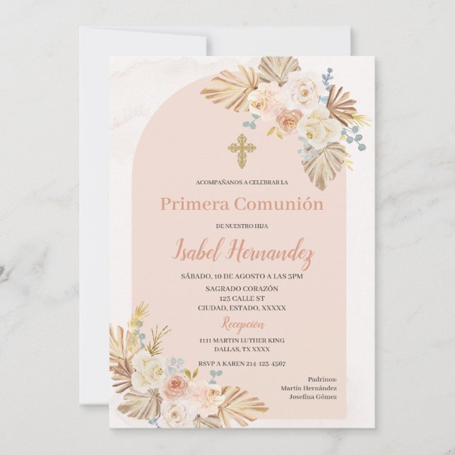 Boho Floral first communion Spanish Invitation (Front)