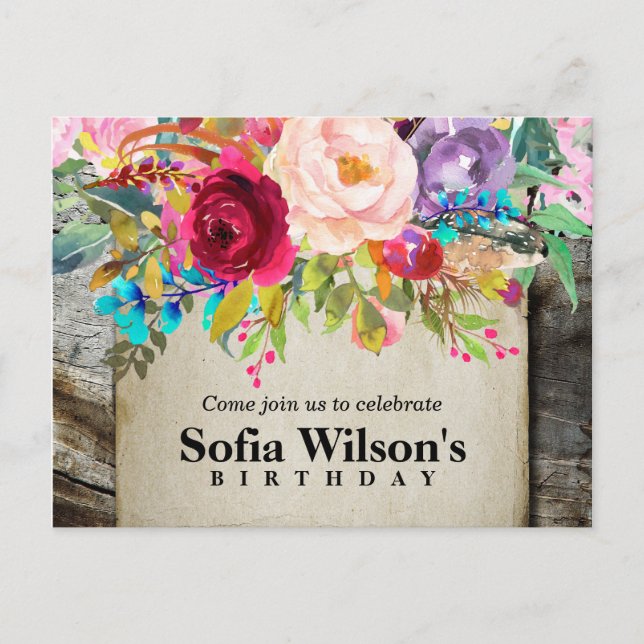 boho floral, flower birthday Postcard invitation (Front)