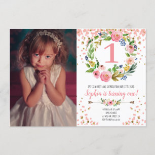 Boho Floral Flowers Confetti Girl Birthday Photo Invitation