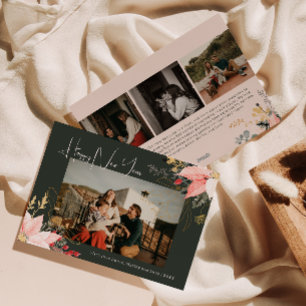 Boho Floral Four Photo Happy New Year Holiday Card