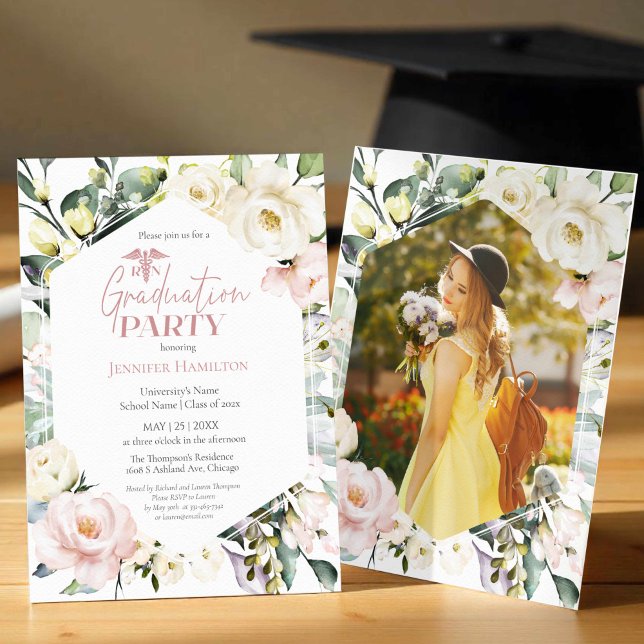 Boho Floral Frame Photo Medical Graduation Party Invitation (Creator Uploaded)