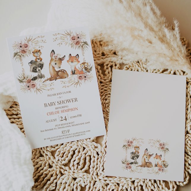 Boho Floral Frame Woodland Baby Shower Invitation (Sweet woodland themed baby shower invitation featuring a boho floral frame and woodland animals.)