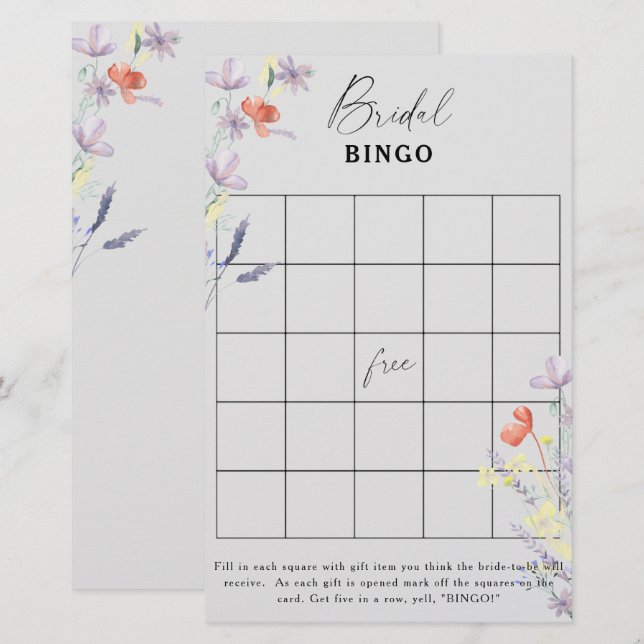 Boho Floral garden bridal shower bingo game (Front/Back)