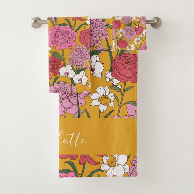 Boho Floral Garden Yellow Personalized Name Bath Towel Set (Insitu)