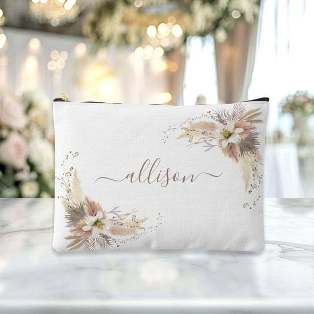 Boho, floral, Gift Name  Accessory Pouch (Boho, floral, gift Name accessory and makeup bag showcases a sleek gray-brown script font with elega)