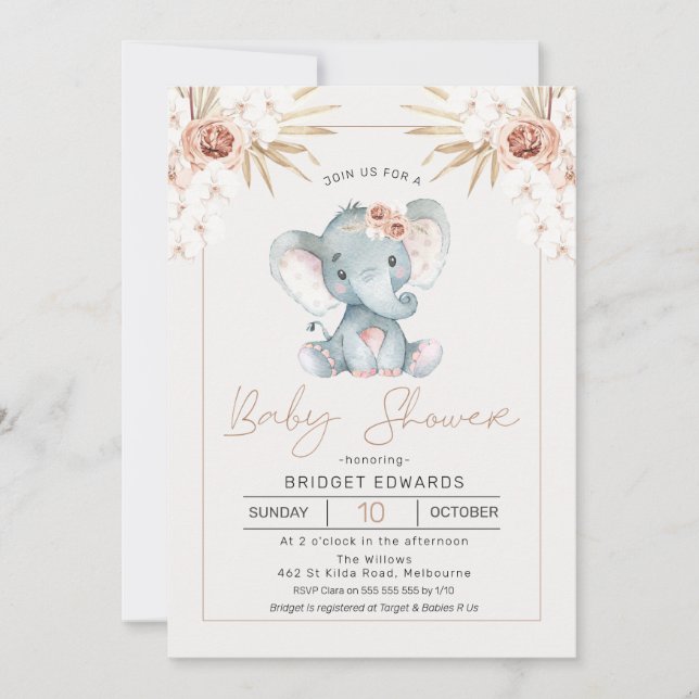Boho Floral Girls Elephant baby shower Invitation (Devant)