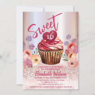 Boho floral Girly cupcake Rose gold glittery    Invitation