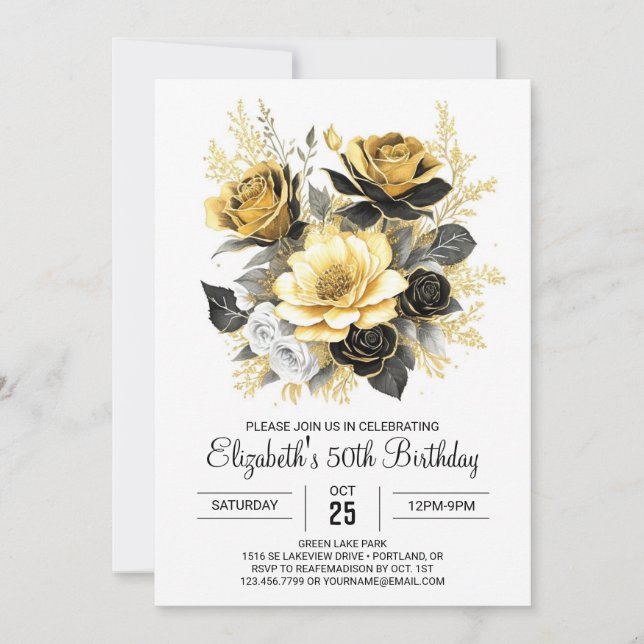 Boho Floral Gold and Black 50th Birthday Invitation (Front)