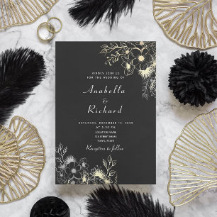 Boho Floral Gold Black and White Wedding Invitation