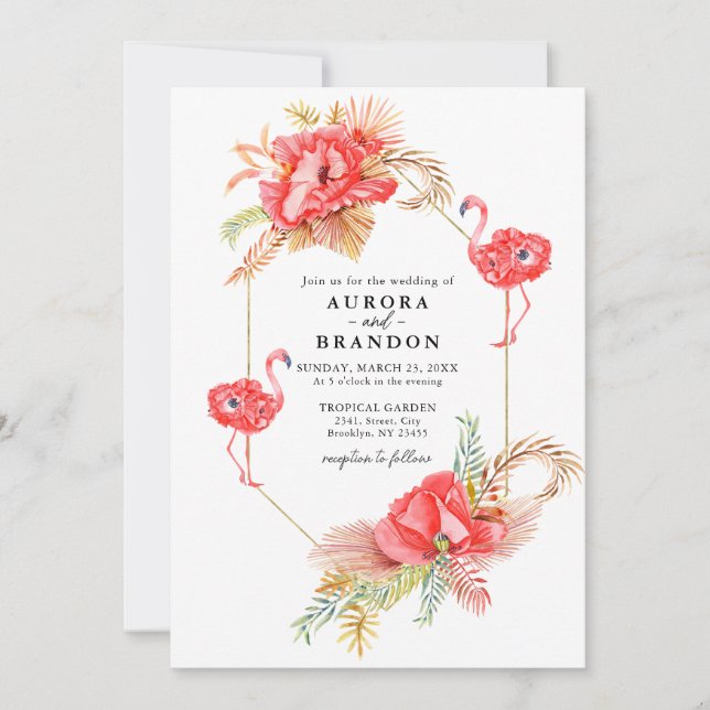 Boho Floral Gold Frame Flamingo Wedding Invitation (Front)