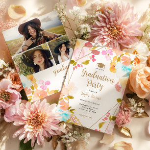 Boho Floral Gold Geometric Modern Photo Graduation Invitation