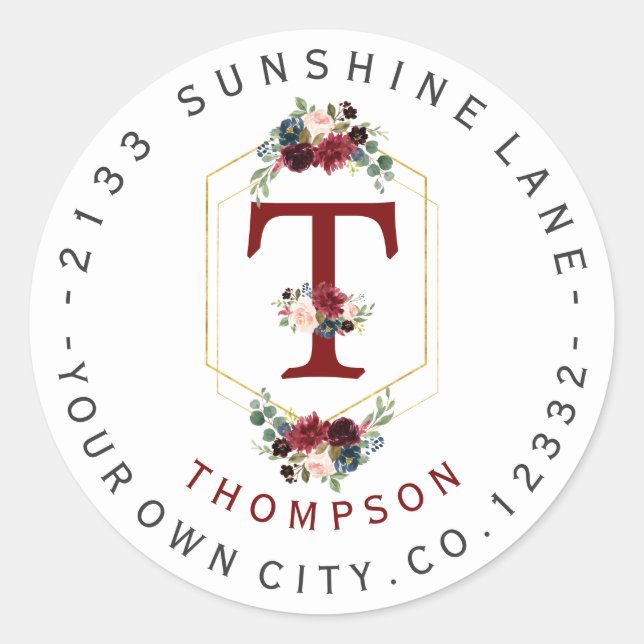 Boho Floral Gold Monogram Circular Address Label (Front)