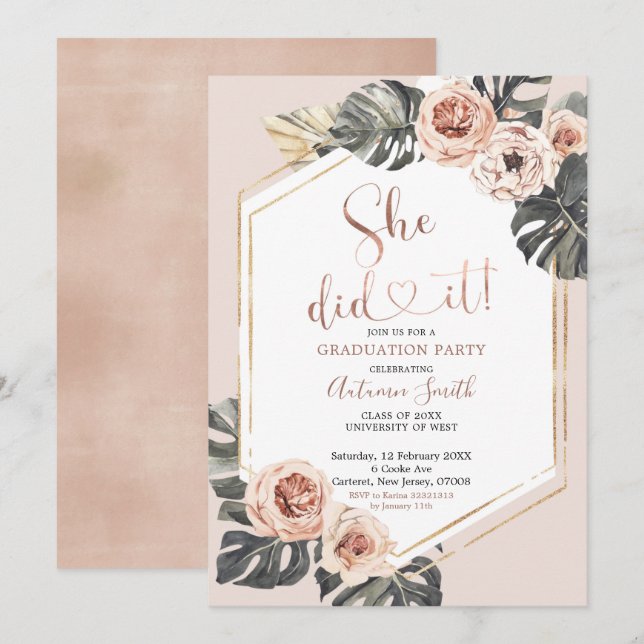 Boho Floral Graduation Party Invitation (Front/Back)
