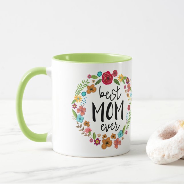 Boho floral green girly mothers day best mom ever mug (With Donut)
