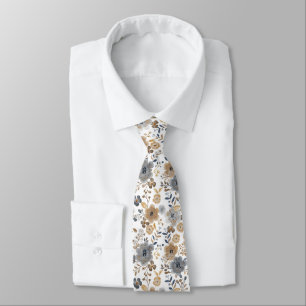 Boho Floral Grey Brown Neutral Colour Wedding Groo Tie